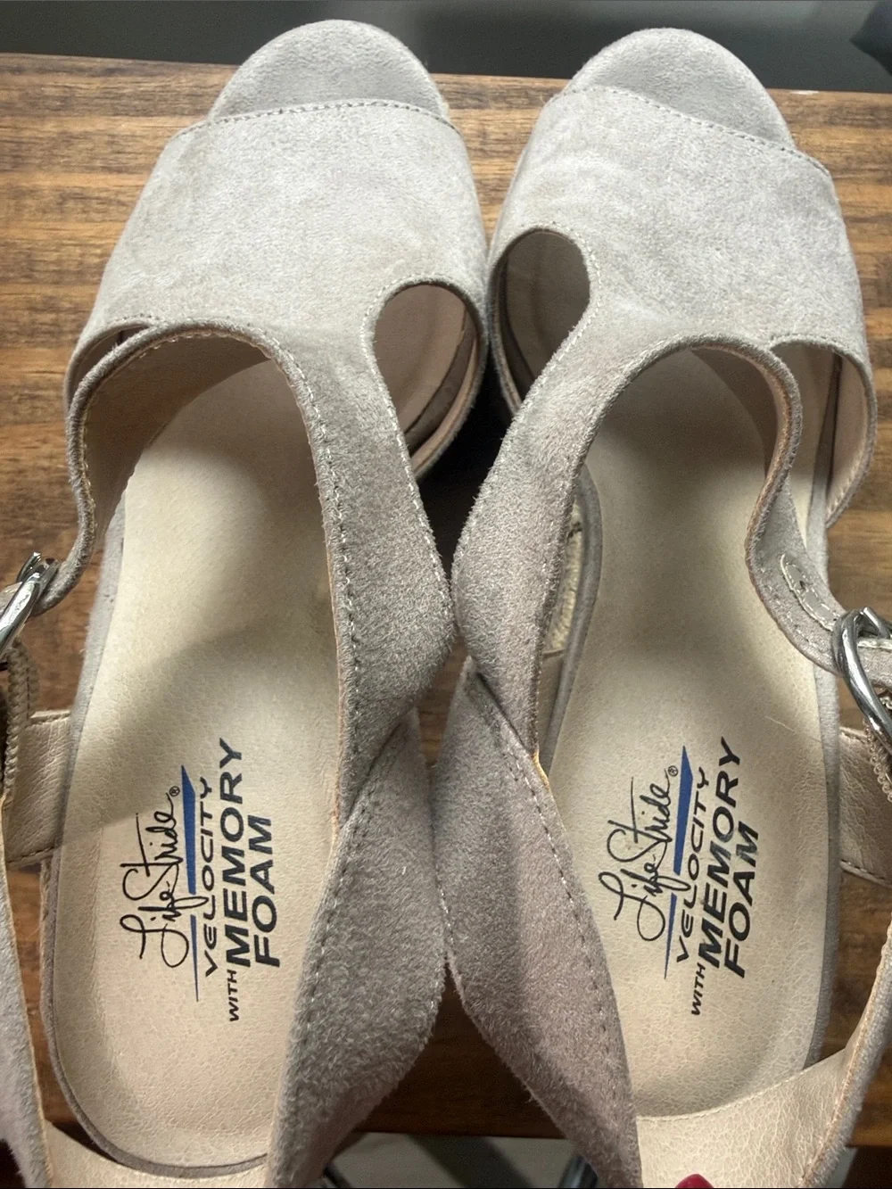 Life Stride Velocity Memory Taupe Suede Open-Toe Slingback Wedge Sandals
